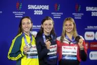 Lani Pallister, Katie Ledecky, and Summer McIntosh during the 2025 World Aquatics Championships in Singapore. (Photo by Getty Images)